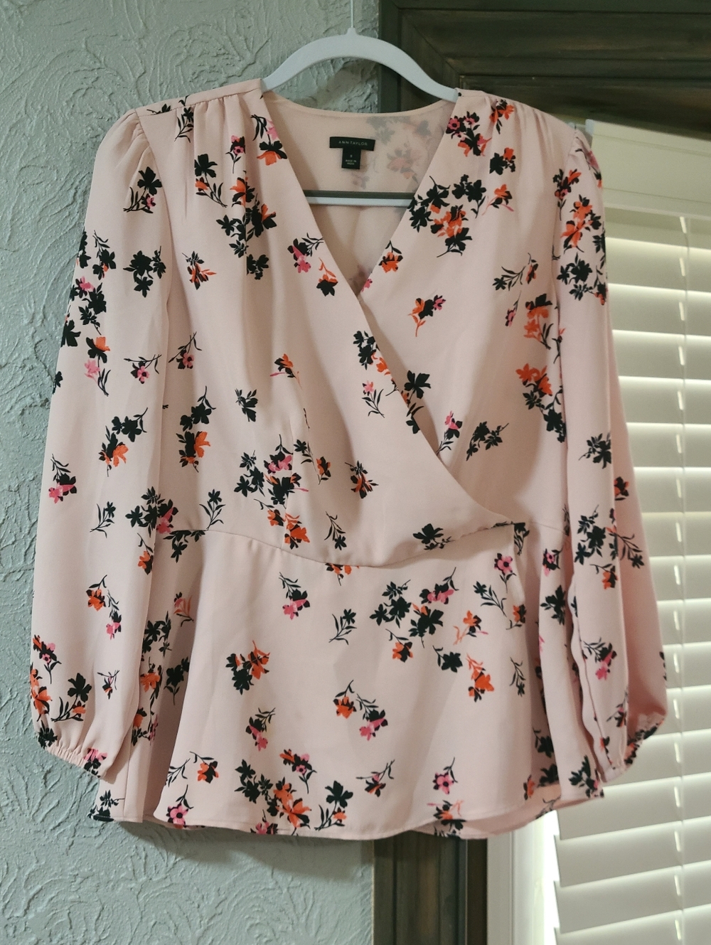 Ann Taylor Blush Floral Wrap-Front Blouse